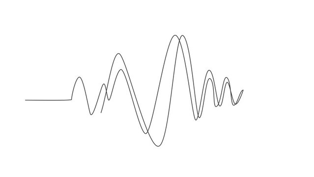 Animated self drawing of continuous line draw sound waves. Audio Player. Audio equalizer, pulse musical. Music audio frequency, voice line waveform. radio signal. Full length single line animation