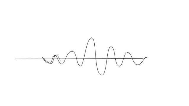 Animated self drawing of continuous line draw sound waves. Music frequency, voice line waveform, electronic radio signal, volume level symbol. Vector curve radio waves. Full length one line animation
