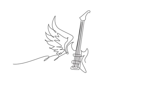 Self drawing animation of single one line draw electric guitar with wings. Vintage label, illustration, logotype. Rock sign, gesture for music festival logo. Continuous line draw. Full length animated