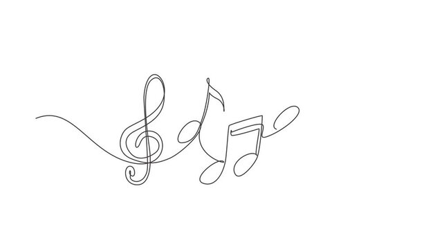 Animated self drawing of continuous line draw music symbols. Music note. Musical symbol in one linear minimalist style. Wave melody. Vector outline sketch of sound. Full length one line animation