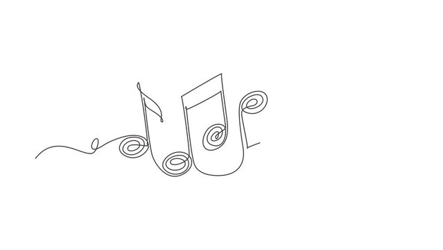 Self drawing animation of single one line draw music note. Musical symbol in one linear minimalist style. Abstract wave melody. Outline sketch of sound. Continuous line draw. Full length animated