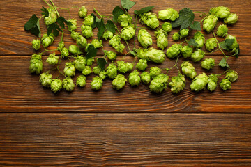 Branches of fresh green hops on wooden table, flat lay. Space for text