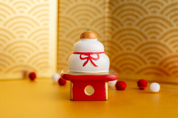 正月　鏡餅　可愛い　年賀状　飾り　縁起物　金色