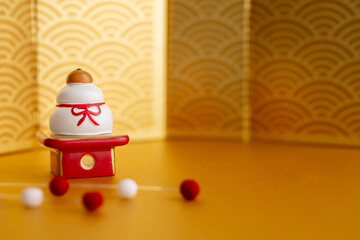 正月　鏡餅　背景　金色　可愛い　年賀状