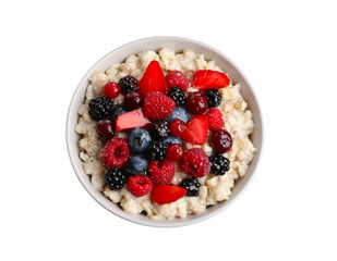 Bowl with tasty oatmeal porridge and berries on white background, top view. Healthy meal