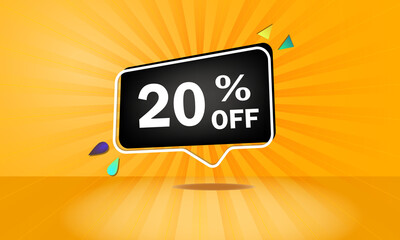20 percent discount. Banner with floating balloon for promotions and offers