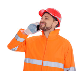 Man in reflective uniform talking on phone against white background