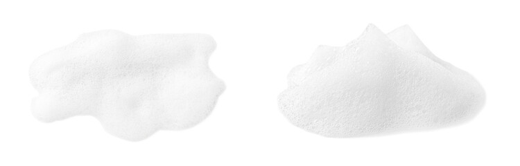 Drops of fluffy soap foam on white background. Banner design