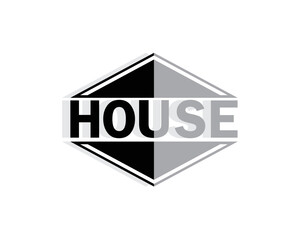 logo vector design of a word that reads HOUSE where at the top and bottom of the writing or word there is a triangle shaped like a roof and given a shadow effect