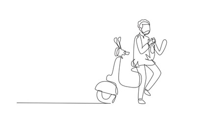Animated self drawing of continuous line draw couple trip travel relax. Romantic honeymoon moments sitting and talking on motorcycle. Man with woman riding scooter. Full length single line animation