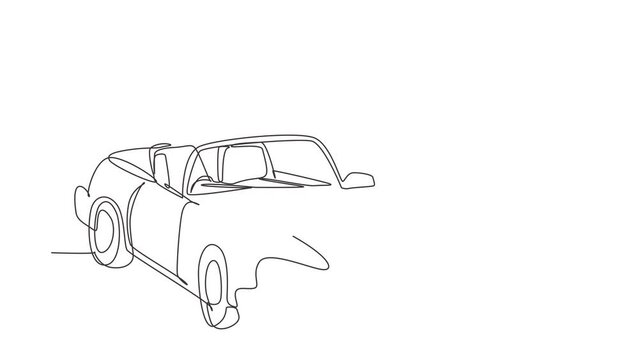 Self drawing animation of single line draw retro convertible sports car logo icon. Outline symbol of collectors car and automotive. Vintage motor vehicle. Continuous line draw. Full length animated