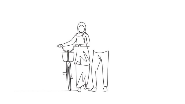 Animated self drawing of continuous line draw cyclists walking down forest road with their bicycles on summer day. Arab man and woman in love. Romantic married couple. Full length one line animation