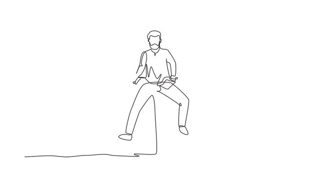Animated self drawing of continuous line draw happy Arabian man in casual clothes riding bicycle. Healthy and sport lifestyle. Ecological vehicle of transportation. Full length one line animation