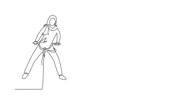 Self drawing animation of single line draw Arabian woman in casual clothes riding bicycle. Healthy and sport lifestyle. Ecological vehicle of transportation. Continuous line draw. Full length animated
