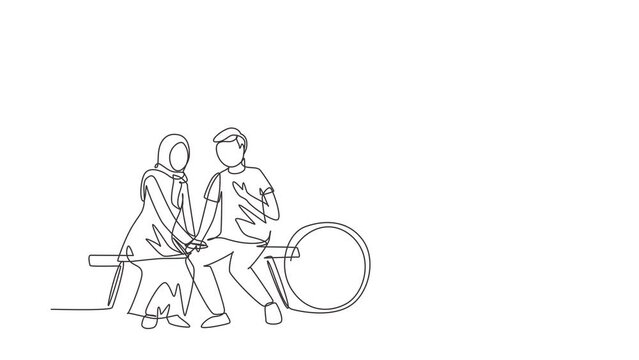 Animated self drawing of continuous line draw romantic Arabian couple chatting while sitting on bench. Romantic teenage couple ride bike. Young man and woman in love. Full length single line animation