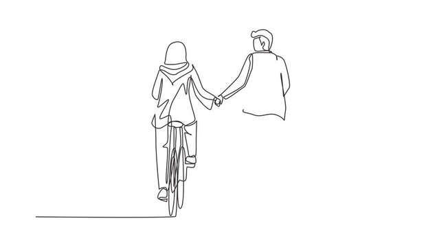 Animated self drawing of continuous line draw Arabian couple ride bicycles in meadow back to camera, holding hands. Man, woman in love. Happy romantic married couple. Full length single line animation