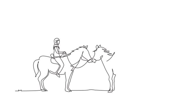 Self drawing animation of single line draw Arab couple in love riding horse. Man and woman meet for dating with ride horse. Engagement and love relation. Continuous line draw. Full length animated