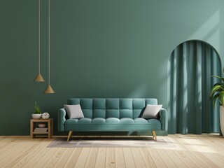 Wall mockup in dark tones with green sofa on green wall background.