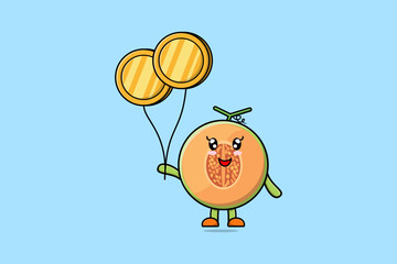 Cute cartoon Melon businessman floating with gold coin balloon cartoon vector illustration 