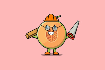 Cute cartoon Melon as carpenter character with saw and wood in flat modern style design