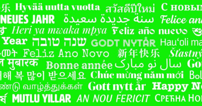 Loop animation of Sliding "Happy New Year" Greeting Messages in World Different Written Languages, White Texts on Green Screen Background