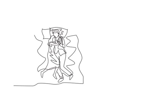 Animated self drawing of continuous line draw male, female embracing affectionately in bed, men, women sleeping on bed while hugging lovingly, sleeping pose of lover. Full length single line animation