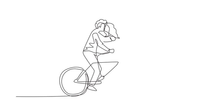 Animated self drawing of continuous line draw active couple riding on bike together. Happy enamored man and woman cyclist feeling love. Smiling people enjoying activity. Full length one line animation