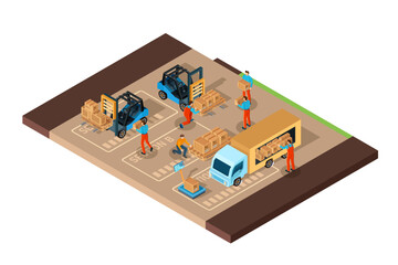 Vector isometric warehouse with trucks, crates and pallets