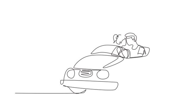 Animated self drawing of continuous line draw couple riding car going on road trip. Cheerful man and woman driving in cabriolet car. Couple summer vacation travel. Full length single line animation