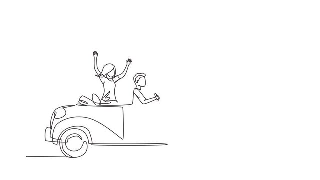 Animated self drawing of single continuous line draw newly married couple groom in vehicle. Happy man and woman riding wedding car. Married couple romantic relationship. Full length one line animation