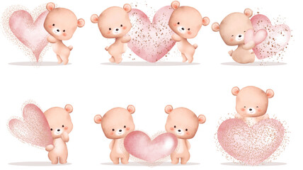 Watercolor Illustration set of  cute teddy bears with pink heart