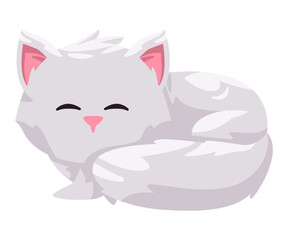 White furry cat lying cute adorable in lazy taking nap cartoon illustration