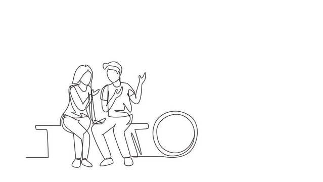 Animated self drawing of single continuous line draw romantic couple chatting while sitting on bench. Romantic teenage couple ride bike. Young man and woman in love. Full length one line animation