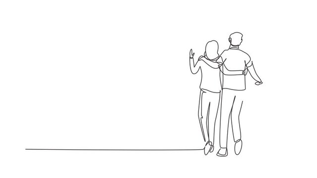 Animated self drawing of continuous line draw back view of couple with bicycle walking in park on sunny autumn day. Man and woman in love. Happy romantic married couple. Full length one line animation