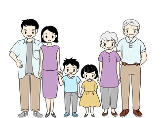 笑顔で手をつなぐ三世代家族の横並びイラスト