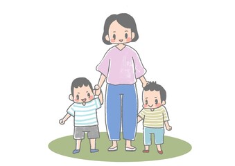 手をつなぐ母と男の子横並びのイラスト