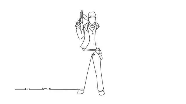 Animated self drawing of continuous line draw American cowboys holding and raised his two guns up. Old wild west gunslinger holding two guns. Weapons for self-defense. Full length one line animation