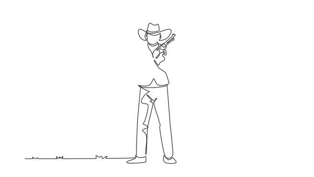 Self drawing animation of single line draw gunslinger holding two guns. American cowboys holding his two weapons above his chest. Weapons for self-defense. Continuous line draw. Full length animated