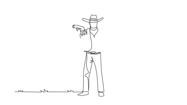 Animated self drawing of continuous one line draw wild west gunslinger holding two guns. American cowboys aiming two pistols in the desert. Weapons for self-defense. Full length single line animation