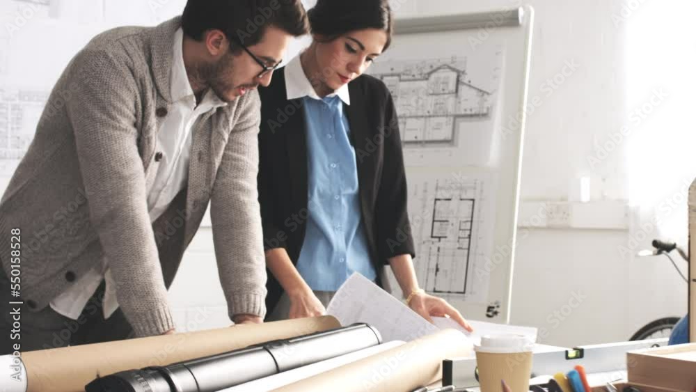 Poster architect, blueprint and collaboration with a man and woman team working together on design in their