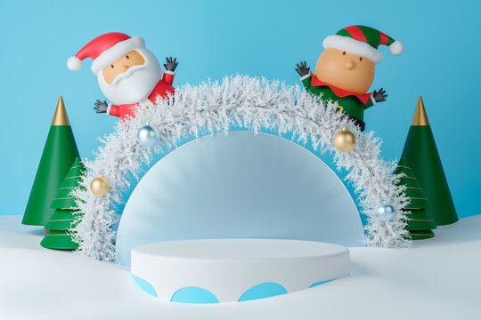 3d rendering Christmas day empty cylinder podium with Santa Claus, elf and decorations.