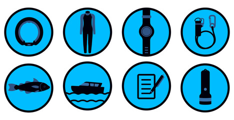 freediving icons, diving illustrations, vector freediving equipment: neck weight, diving wetsuit, diving computer, safety line, fish, boat, diving course, diving torch, freediving collection