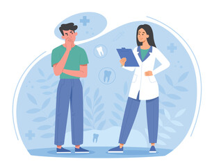 Dental consultation concept. Man puts hand on his cheek and listens to advice from woman in medical gown. Physician and specialist. Health care and oral hygiene. Cartoon flat vector illustration