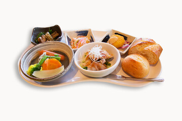 Japanese food forCreated from raw materials and ingredients  set, white background