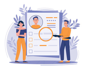 Employers choosing concept. Woman and man with magnifying glass evaluate documents and portfolio. HR managers and recruitment. Review and feedback, cooperation. Cartoon flat vector illustration