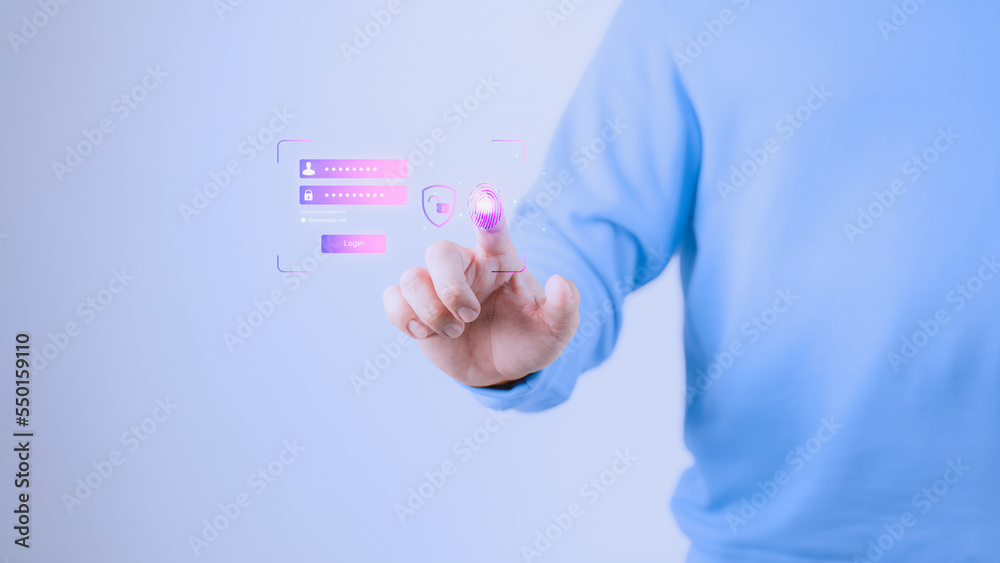 Poster Man login with fingerprint scanning technology. Security concepts and fingerprint password control in the technology of the future.