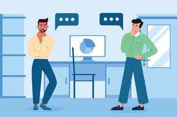 Office with persones. Men communicate and analyze diagram. Working with statistics and marketing research, nrainstorming. Entrepreneurs, colleagues and partners. Cartoon flat vector illustration