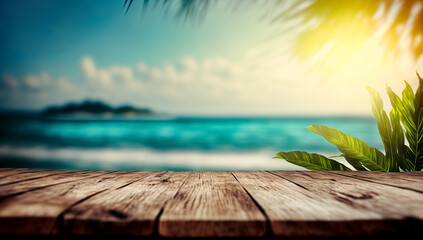 Top of wood table with seascape and palm tree, blur bokeh light of calm sea and sky at tropical beach background. Empty ready for your product display montage. summer vacation background concept.
