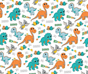 Seamless pattern with dinosaurs. Repeating design element for printing on fabric. Animal and fauna BC. Fictional character, toy or mascot for children, imagination. Cartoon flat vector illustration