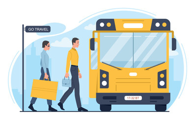 Go travel concept. Men at bus stop waiting for public transport, people with suitcases get into big yellow city bus. Poster or banner for website. Travel and tourism. Cartoon flat vector illustration © 100% HAND-CRAFTED